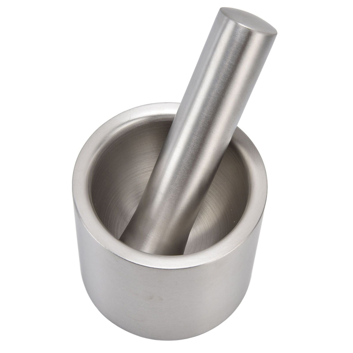Mortar Pestle Dual Structure stainless steel grinding set with a smooth silver bowl and matching cylindrical pestle