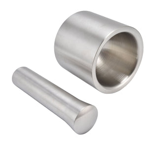 Mortar Pestle Dual Structure in brushed silver stainless steel, with a cylindrical grinding bowl and matching solid pestle