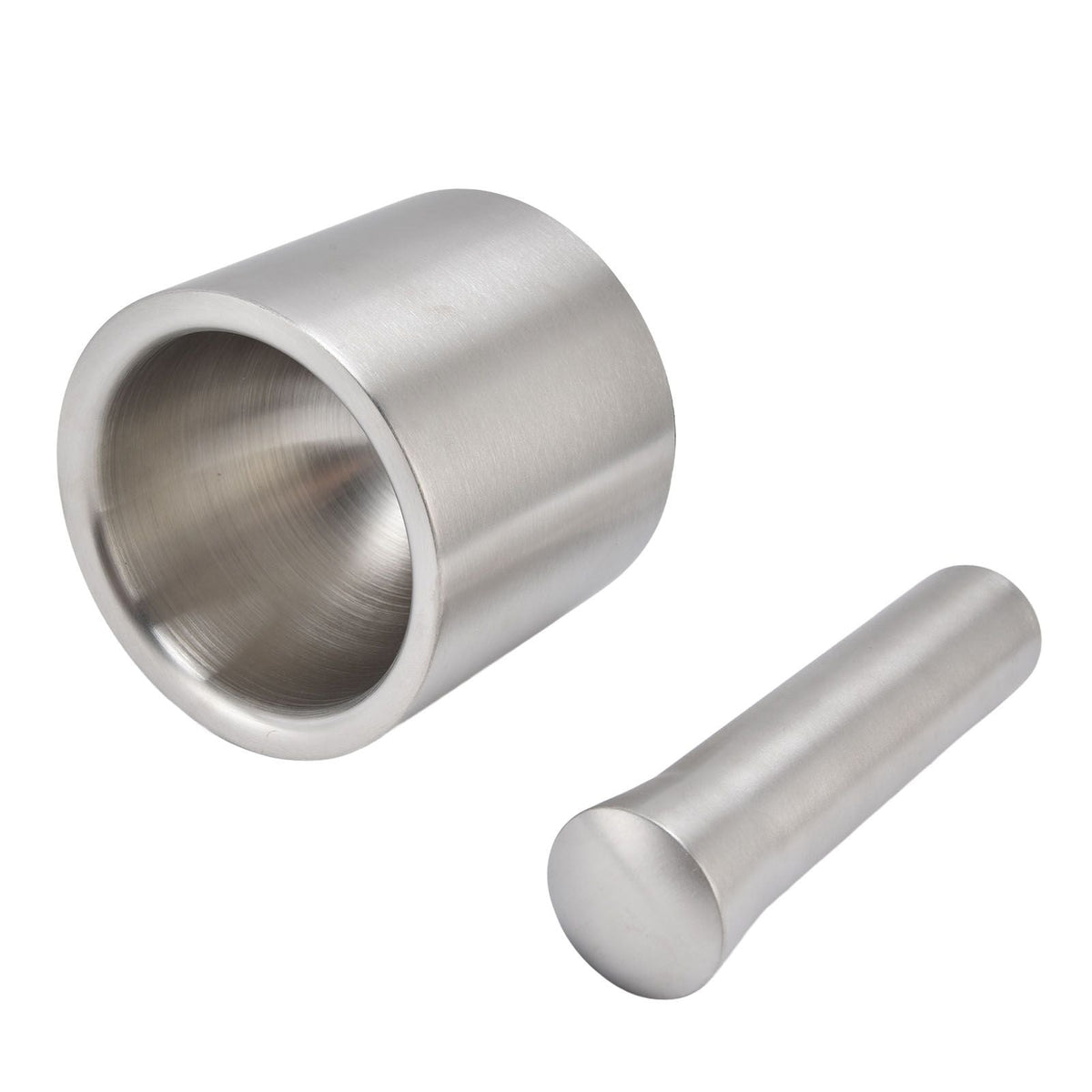 Mortar Pestle Dual Structure stainless steel mortar and pestle set with a brushed silver finish and rounded grinding bowl