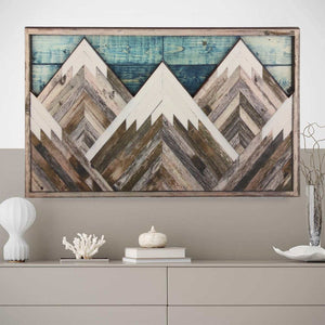 Mountain Wood Wall Art featuring white, brown and grey geometric peaks with weathered wood grain and a teal plank sky