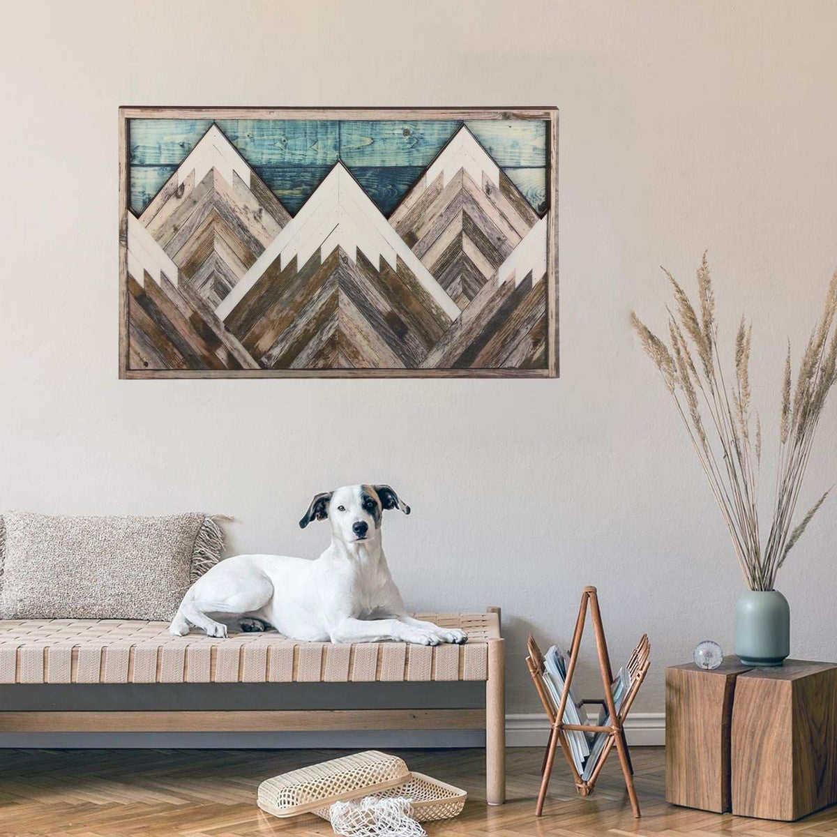 Mountain Wood Wall Art featuring layered geometric mountain peaks in weathered grey and brown wood with blue accents