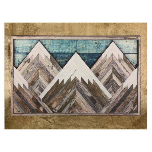 Mountain Wood Wall Art featuring layered geometric peaks in weathered brown, grey and white wood with a blue plank sky