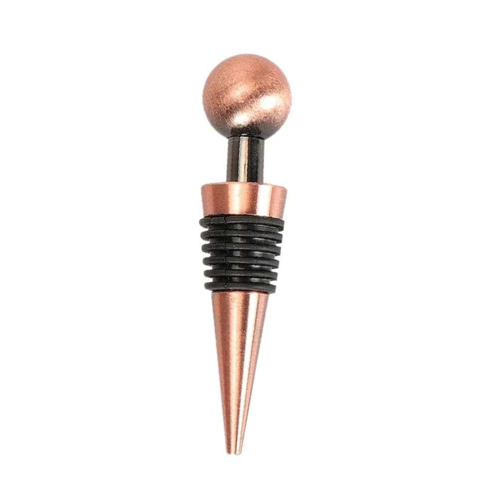 Wine bottle stopper in rose gold stainless steel with a polished spherical handle, tapered body and black ribbed silicone seal