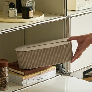 Multi-Scene Cable Storage Box in warm beige ribbed plastic, with a matching lid and elongated cable access slot
