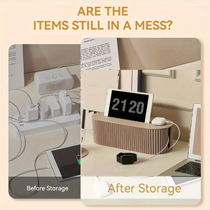 Multi-Scene Cable Storage Box in beige ribbed plastic with a lid, concealing cables and chargers on a desk