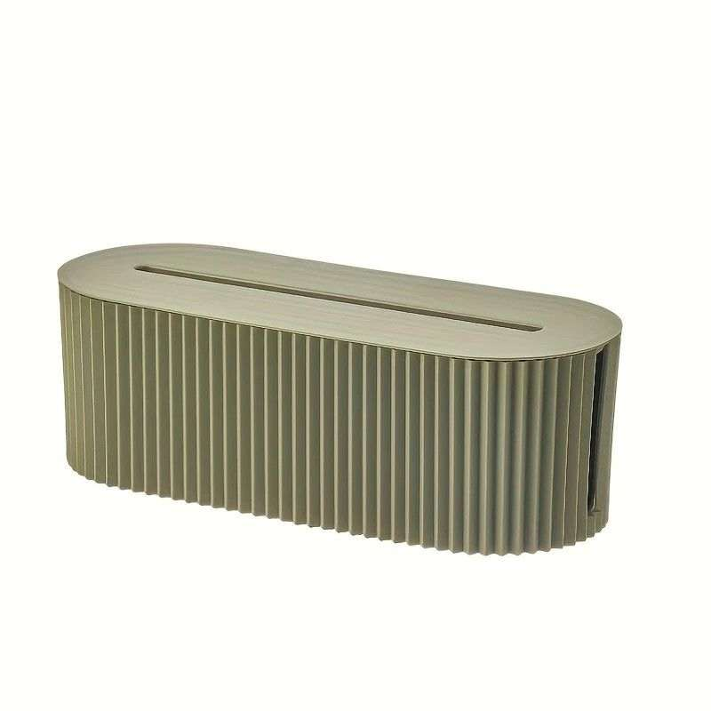 Multi-Scene Cable Storage Box in muted olive green plastic, with a lid, rounded ends and vertically ribbed sides