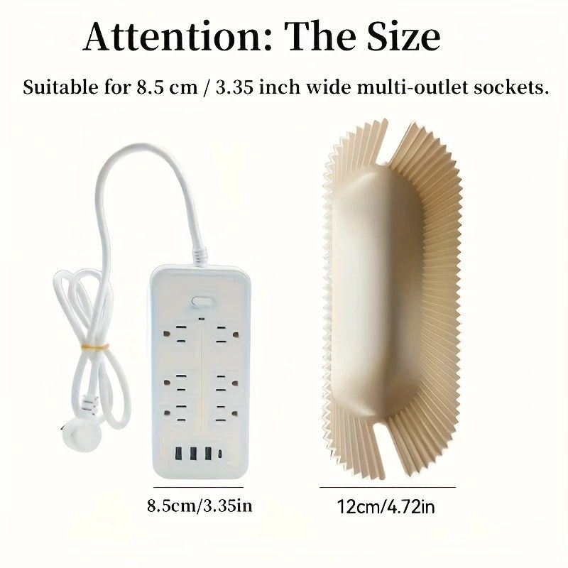 Multi-Scene Cable Storage Box sizing graphic showing a white power strip and a beige box interior, marked 8.5 cm wide and 12 cm long