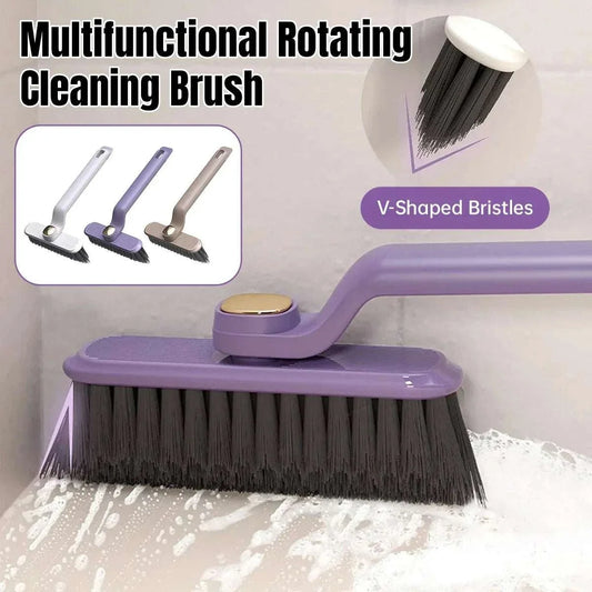 Multifunctional 360° Rotary Cleaning Brush with a purple curved handle and wide head of dense dark V-shaped bristles