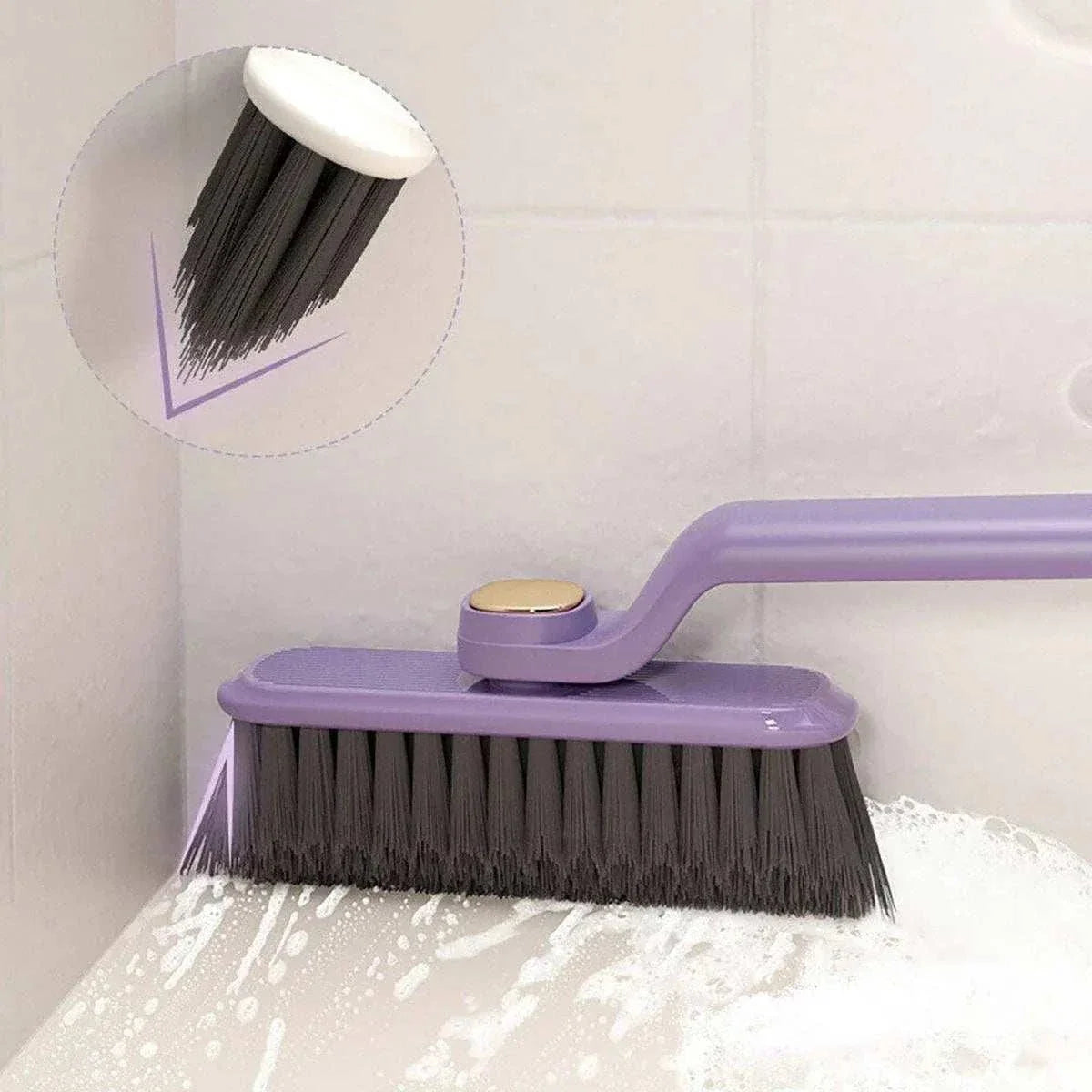 Multifunctional 360° Rotary Cleaning Brush with a purple plastic handle, wide head and dense dark bristles.
