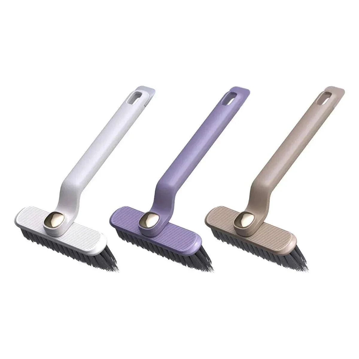 Multifunctional 360° Rotary Cleaning Brush with long angled handles, grooved heads and dense dark bristles in white, purple and taupe