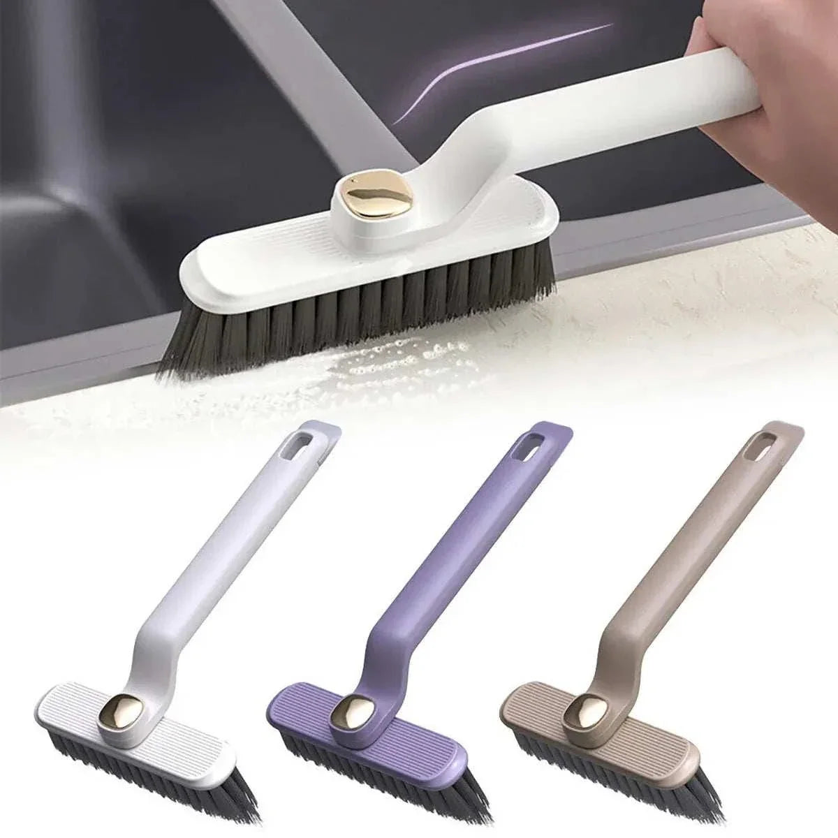 Multifunctional 360° Rotary Cleaning Brush with a white curved handle and dark bristles, shown with lavender and taupe variants