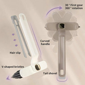 Multifunctional 360° Rotary Cleaning Brush in white plastic, with a curved handle, V-shaped bristles, hair clip and tail shovel