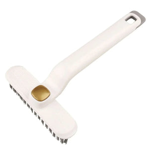 Multifunctional 360° Rotary Cleaning Brush with a white plastic handle, wide hard bristles and a gold-toned pivot button