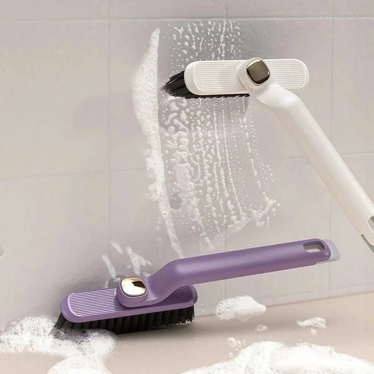 Multifunctional 360° Rotary Cleaning Brush with white and purple plastic handles, ridged heads and dark bristles