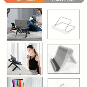 Multifunctional Laptop Stand in black metal with a foldable adjustable frame, open cooling base and phone holder