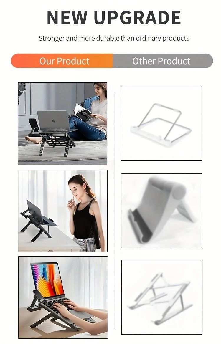 Multifunctional Laptop Stand in black metal with a foldable adjustable frame, open cooling base and phone holder