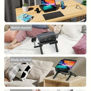 Multifunctional Laptop Stand with black folding supports and adjustable platform, shown holding a laptop and phone