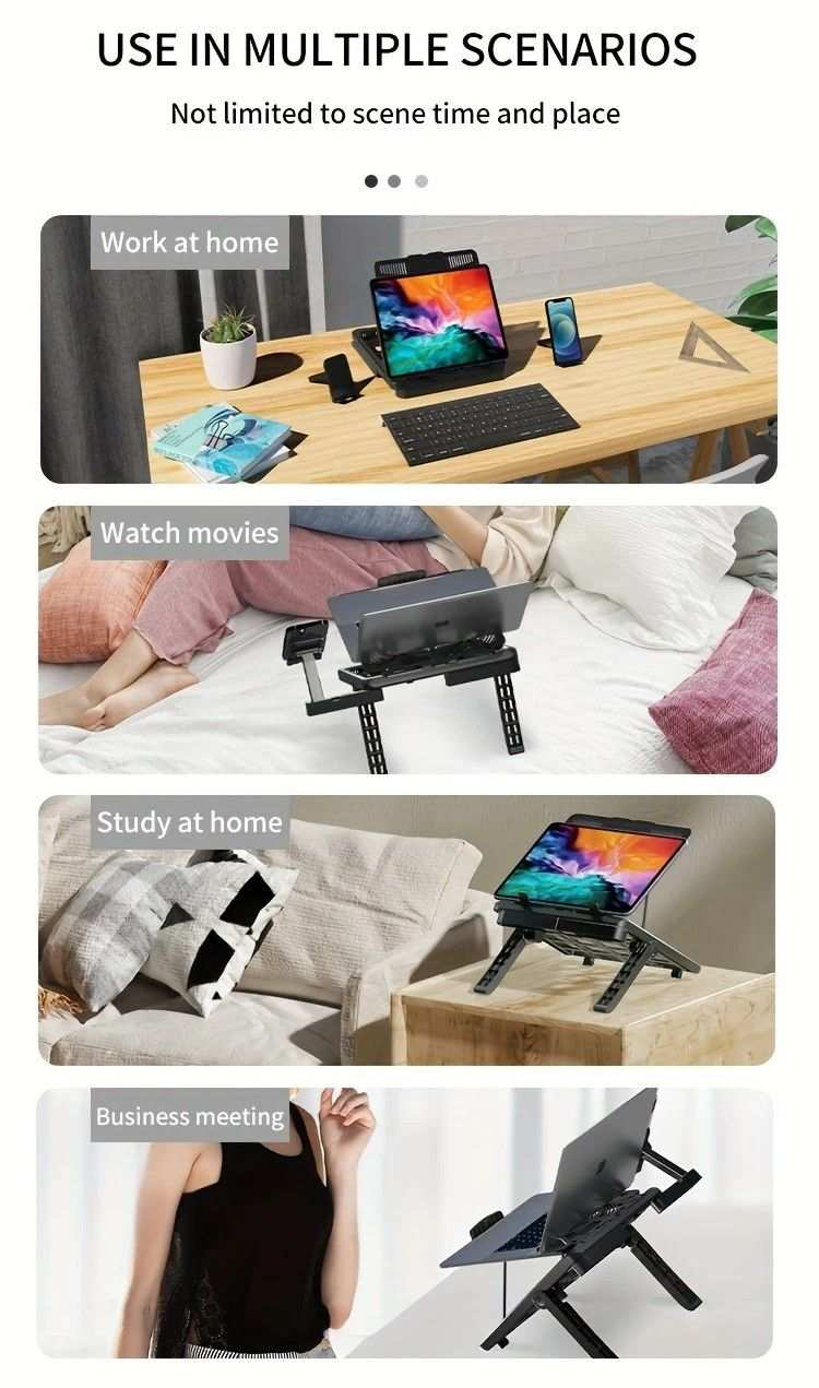 Multifunctional Laptop Stand with black folding supports and adjustable platform, shown holding a laptop and phone