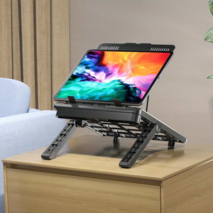Multifunctional Laptop Stand in black with a foldable, adjustable frame and ventilated platform supporting a tablet