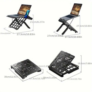 Multifunctional Laptop Stand in black with a foldable, adjustable frame, ventilated cooling base and side phone holder
