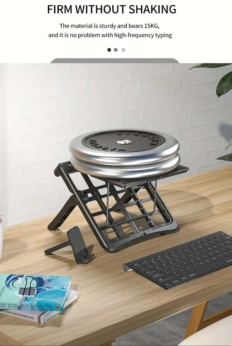 Multifunctional Laptop Stand in black metal with an open folding frame, adjustable supports and a detachable phone holder