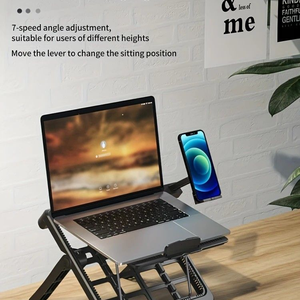 Multifunctional Laptop Stand in black metal with a foldable frame, seven height settings and side phone holder