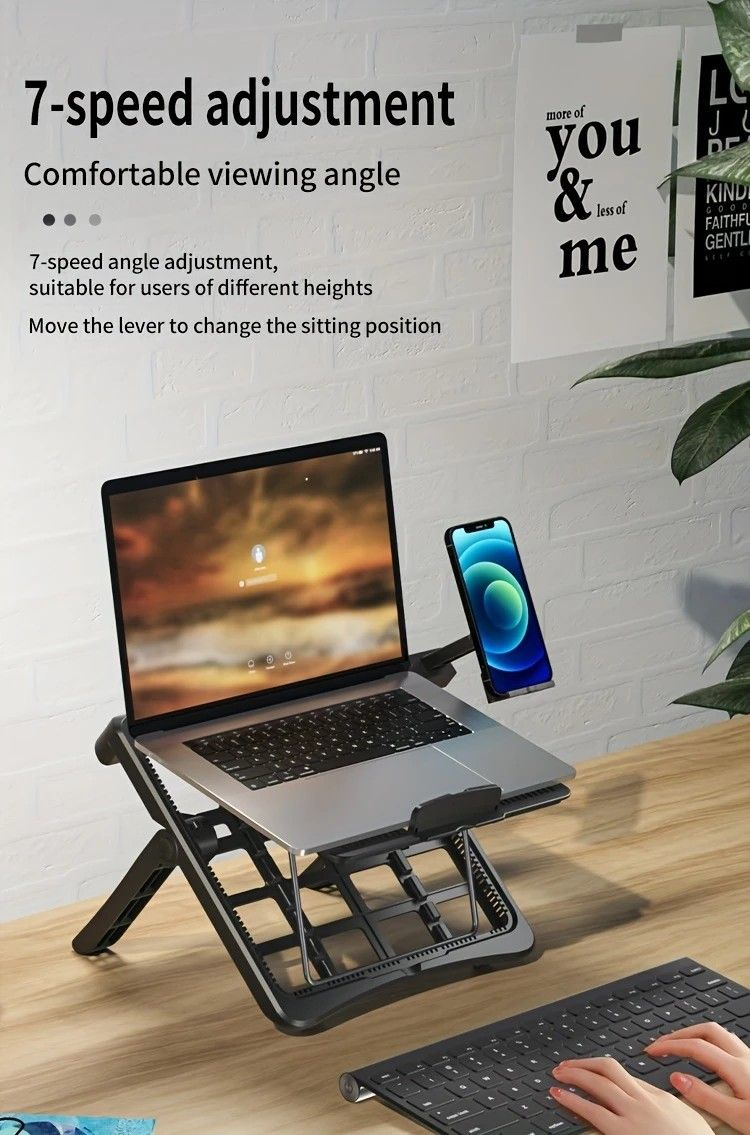 Multifunctional Laptop Stand in black metal with a foldable frame, seven height settings and side phone holder