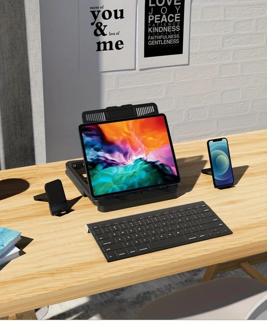 Multifunctional Laptop Stand in black with a foldable open-frame base, supporting a tablet beside a removable phone holder
