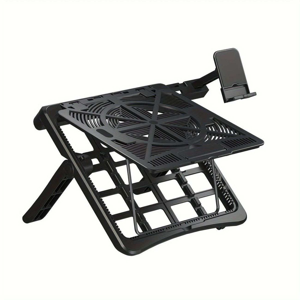 Multifunctional Laptop Stand in black with a foldable open-frame design, vented platform and attached phone holder