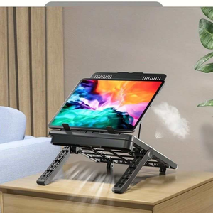 Multifunctional Laptop Stand in black metal with an open heat-dissipation frame, adjustable legs and a tablet resting on top