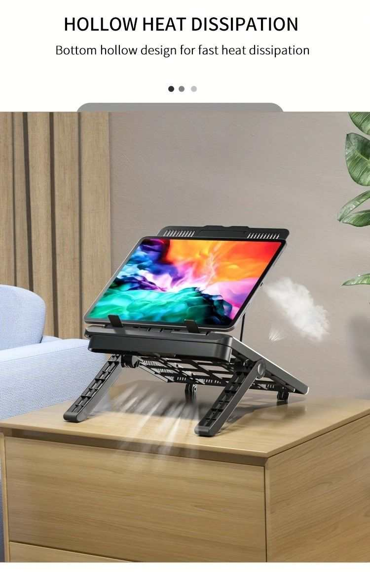 Multifunctional Laptop Stand in black metal with an open heat-dissipation frame, adjustable legs and a tablet resting on top