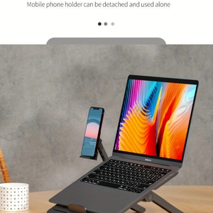 Multifunctional Laptop Stand in dark gray metal with an angled laptop platform, folding legs and detachable phone holder