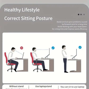 Multifunctional Laptop Stand posture guide showing illustrated seated and standing laptop use with ergonomic tips