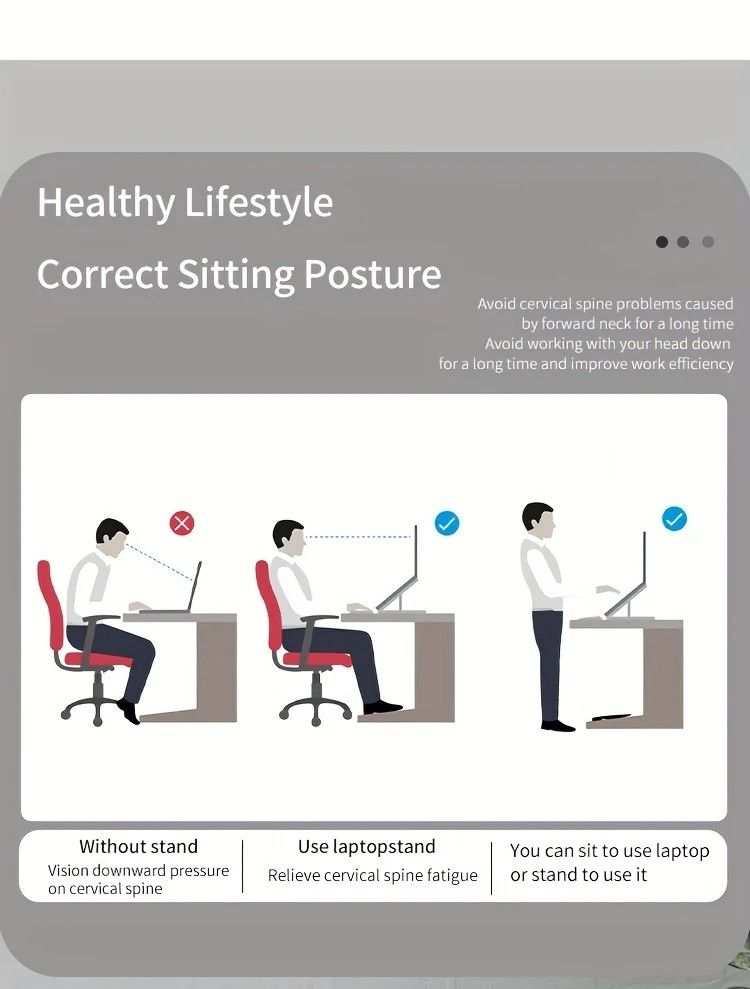 Multifunctional Laptop Stand posture guide showing illustrated seated and standing laptop use with ergonomic tips