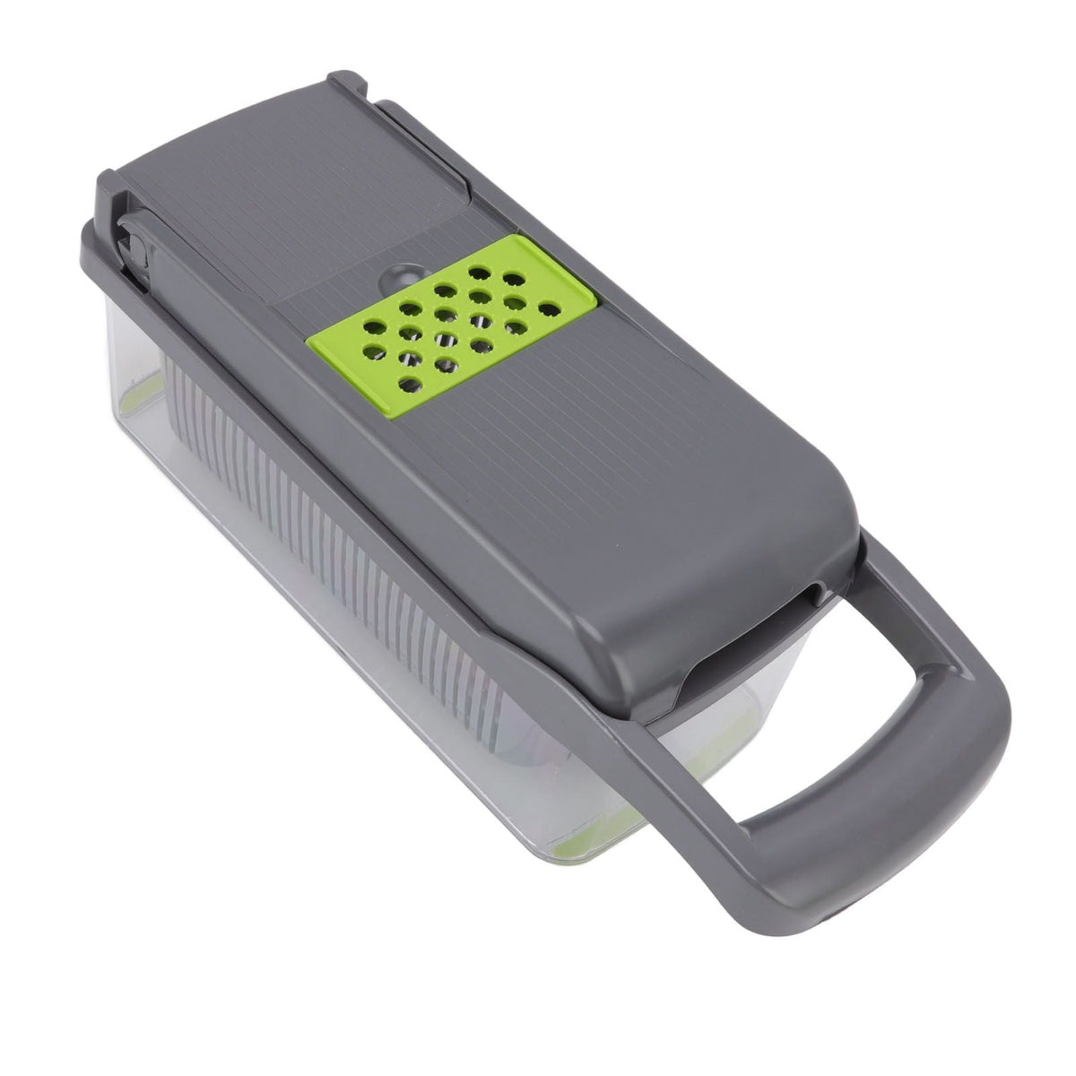 Multifunctional Vegetable Cutter in dark grey plastic with a lime green grating panel and clear collection container