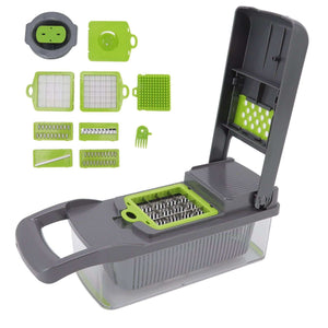 Multifunctional Vegetable Cutter in dark gray and lime green plastic, with a clear collection container and interchangeable blades