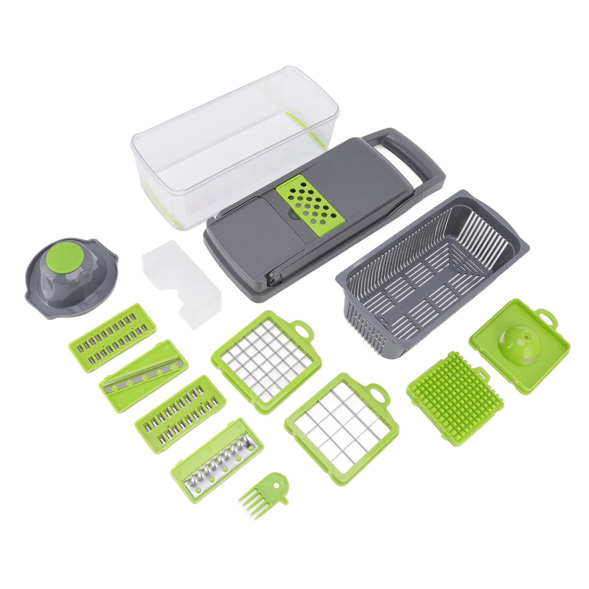 Multifunctional Vegetable Cutter in gray and lime green plastic with interchangeable slicing, grating and dicing blades, storage boxes and basket