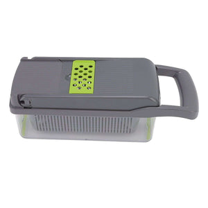 Multifunctional Vegetable Cutter with a dark gray plastic lid, lime green grater insert, and clear draining basket