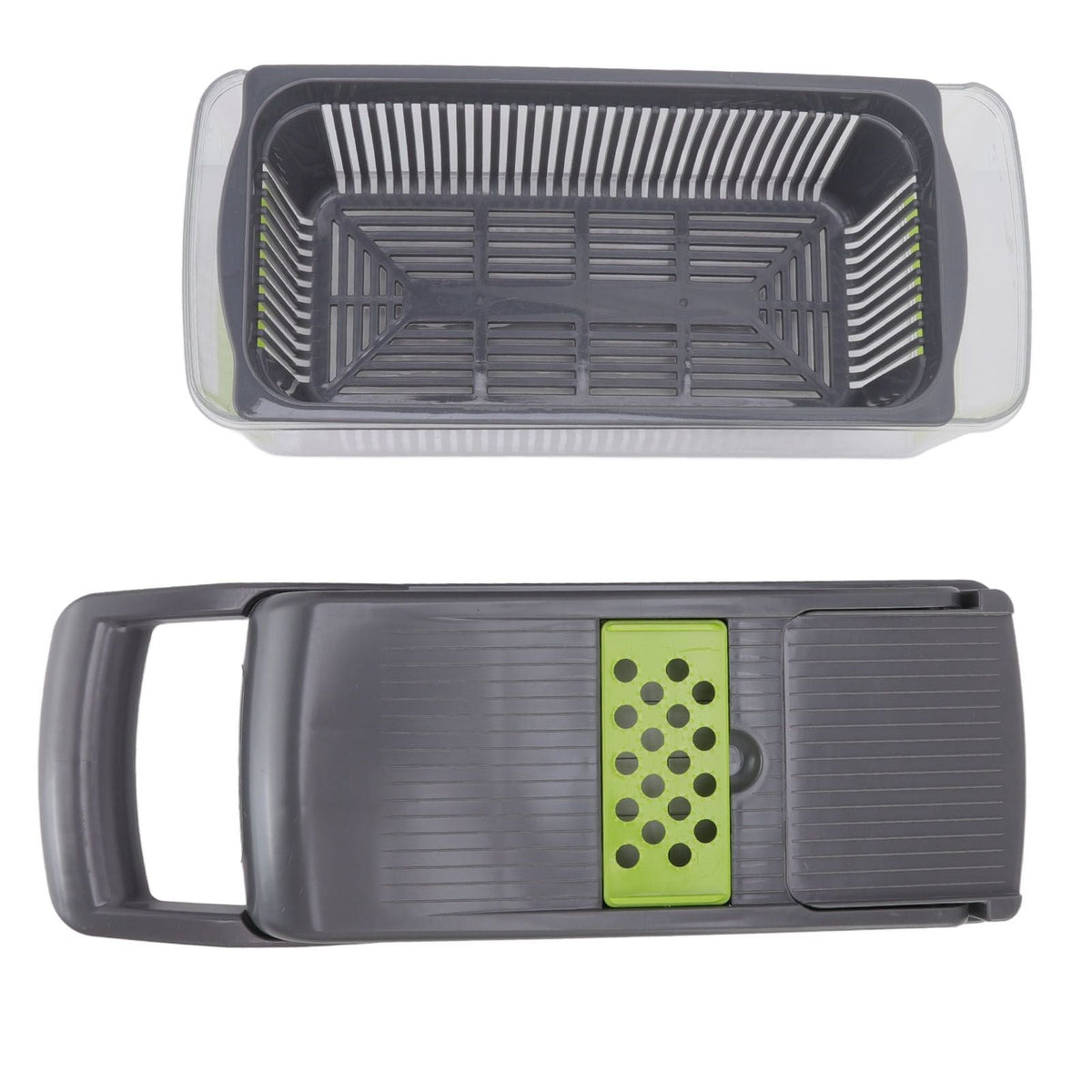 Multifunctional Vegetable Cutter with a dark gray plastic slicer and green grating insert, plus a matching filter basket