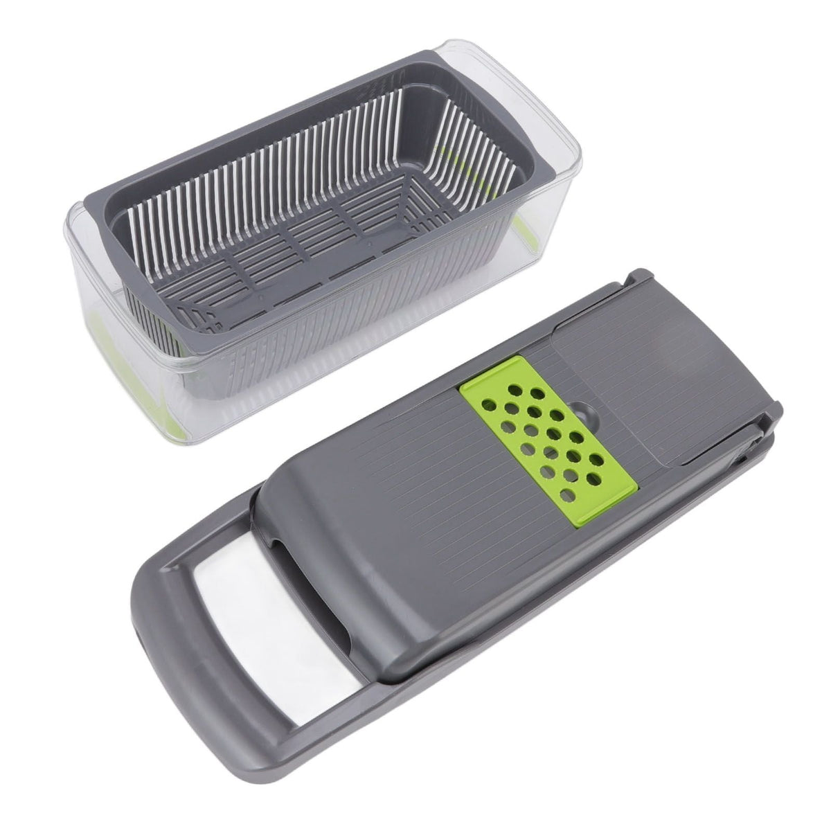 Multifunctional Vegetable Cutter with a dark gray slicer, lime-green grater insert, and clear rectangular filter basket
