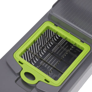 Multifunctional Vegetable Cutter with a bright green cutting grid and dark gray plastic container and lid