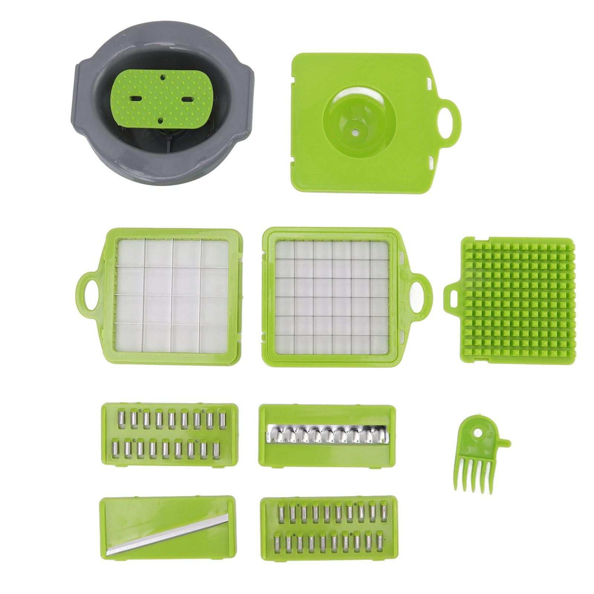 Multifunctional Vegetable Cutter set in bright green plastic with a gray lid, multiple grating and dicing blades, and attachments