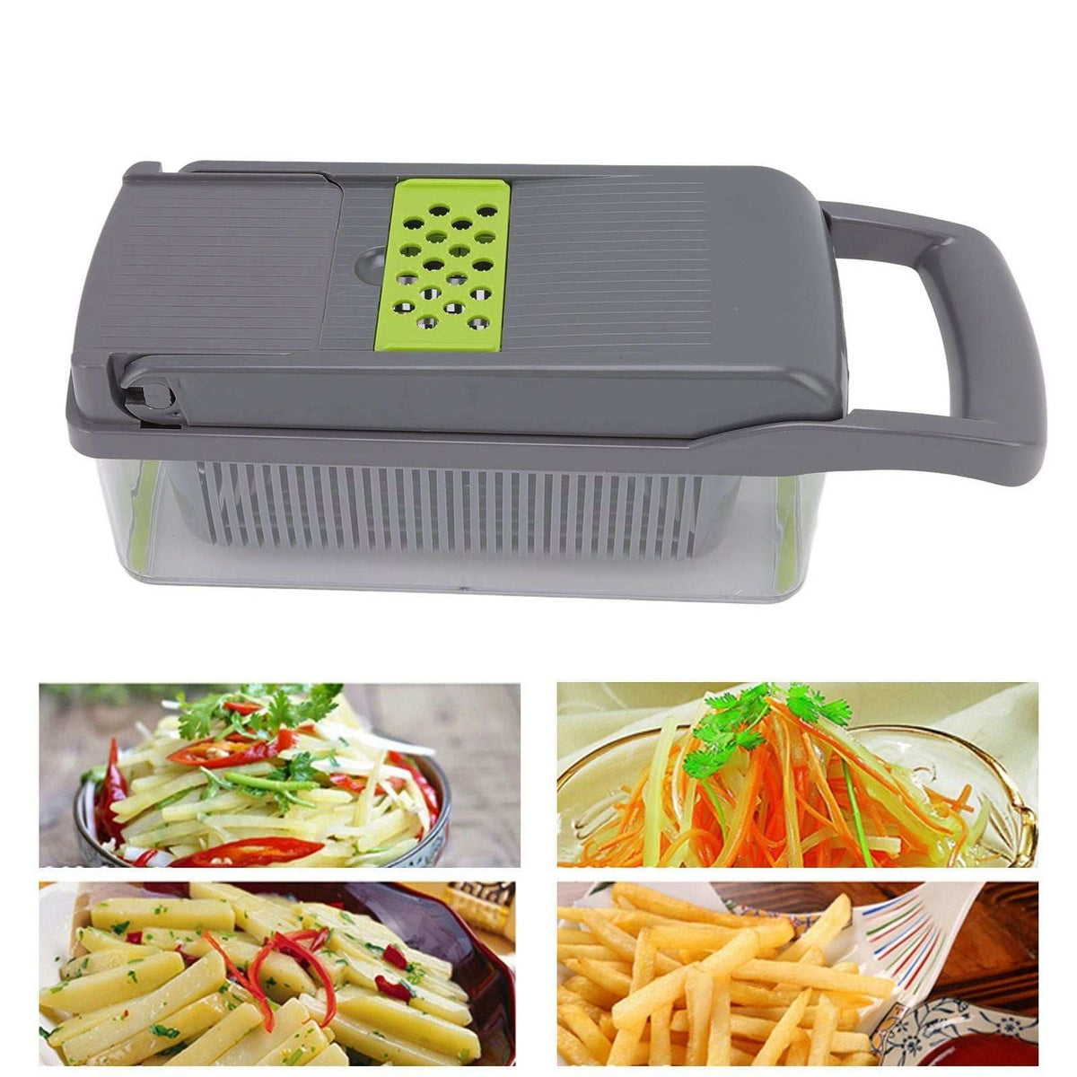 Multifunctional Vegetable Cutter in grey plastic with a lime-green grating blade, handle and clear collection basket