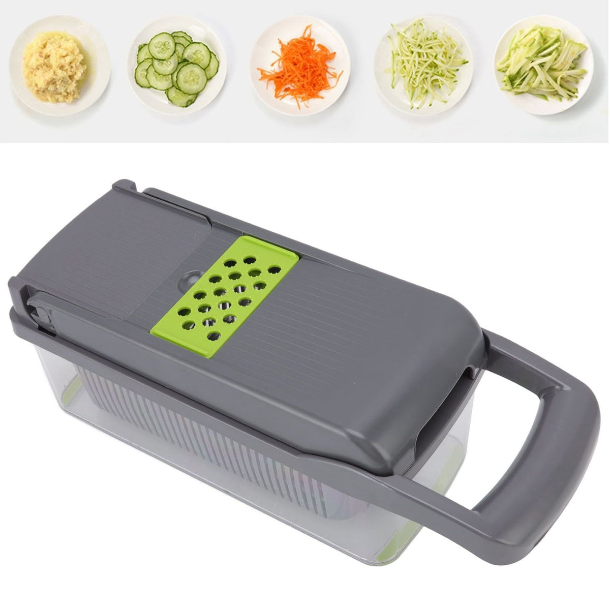 Multifunctional Vegetable Cutter in dark grey plastic with lime green grater insert and clear collection container