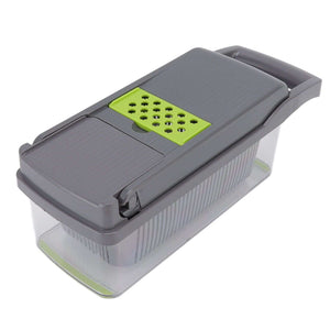 Multifunctional Vegetable Cutter with a dark grey plastic lid, lime green grating insert and clear collection container