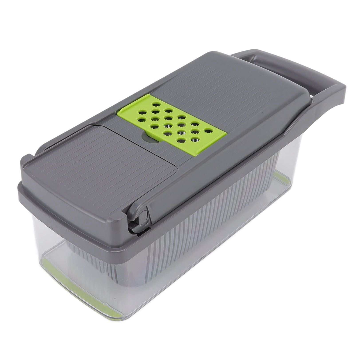 Multifunctional Vegetable Cutter with a dark grey plastic lid, lime green grating insert and clear collection container