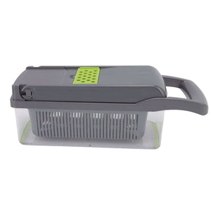 Multifunctional Vegetable Cutter with a dark grey plastic lid, lime green grater insert and clear container with strainer