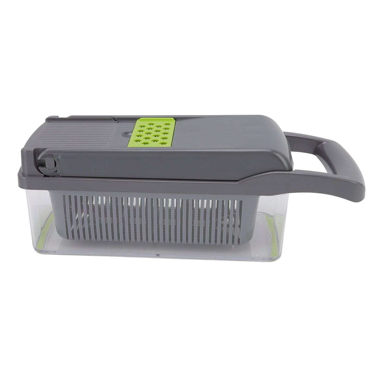 Multifunctional Vegetable Cutter with a dark grey plastic lid, lime green grater insert and clear container with strainer