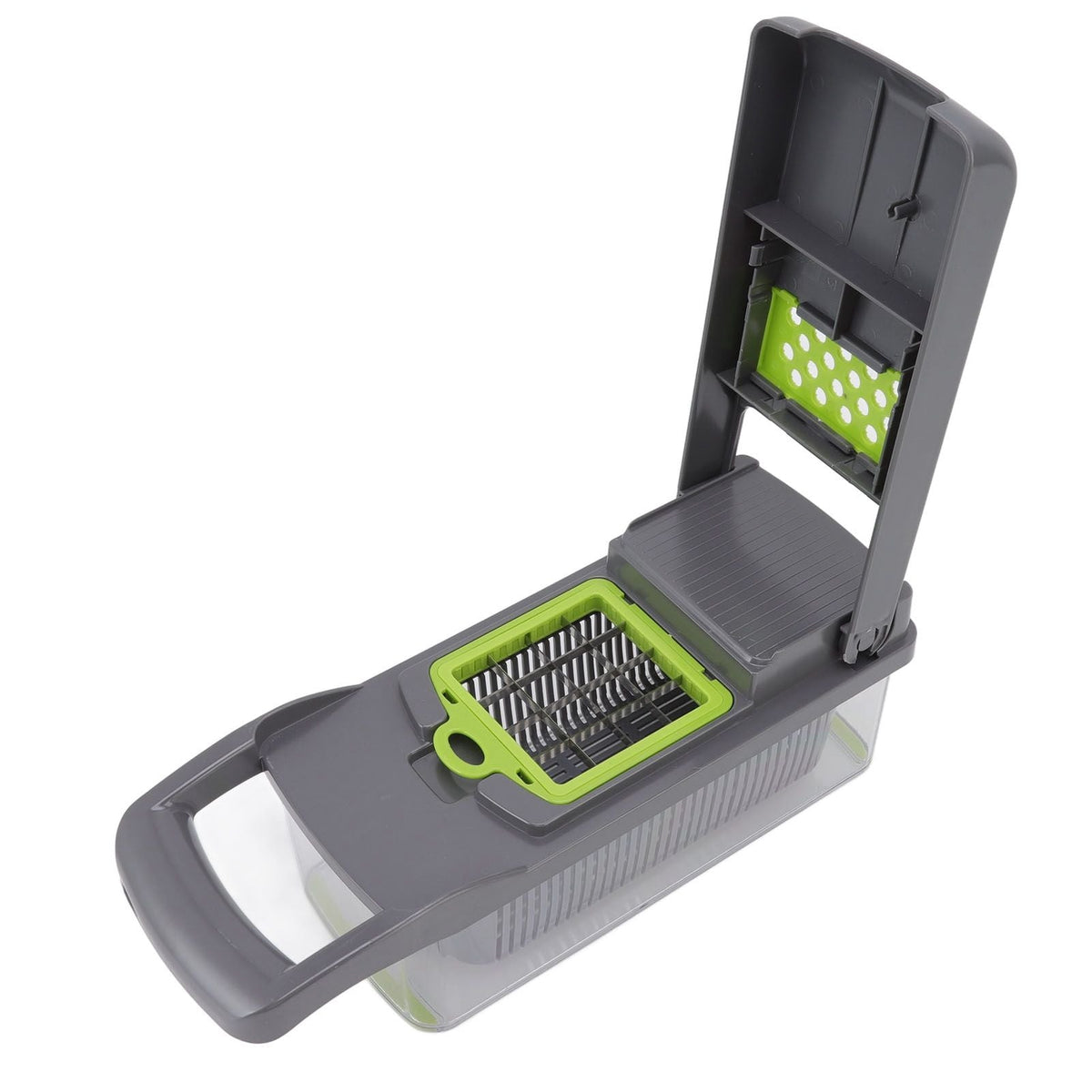 Multifunctional Vegetable Cutter in dark grey and lime green plastic, with a hinged slicer and grating insert