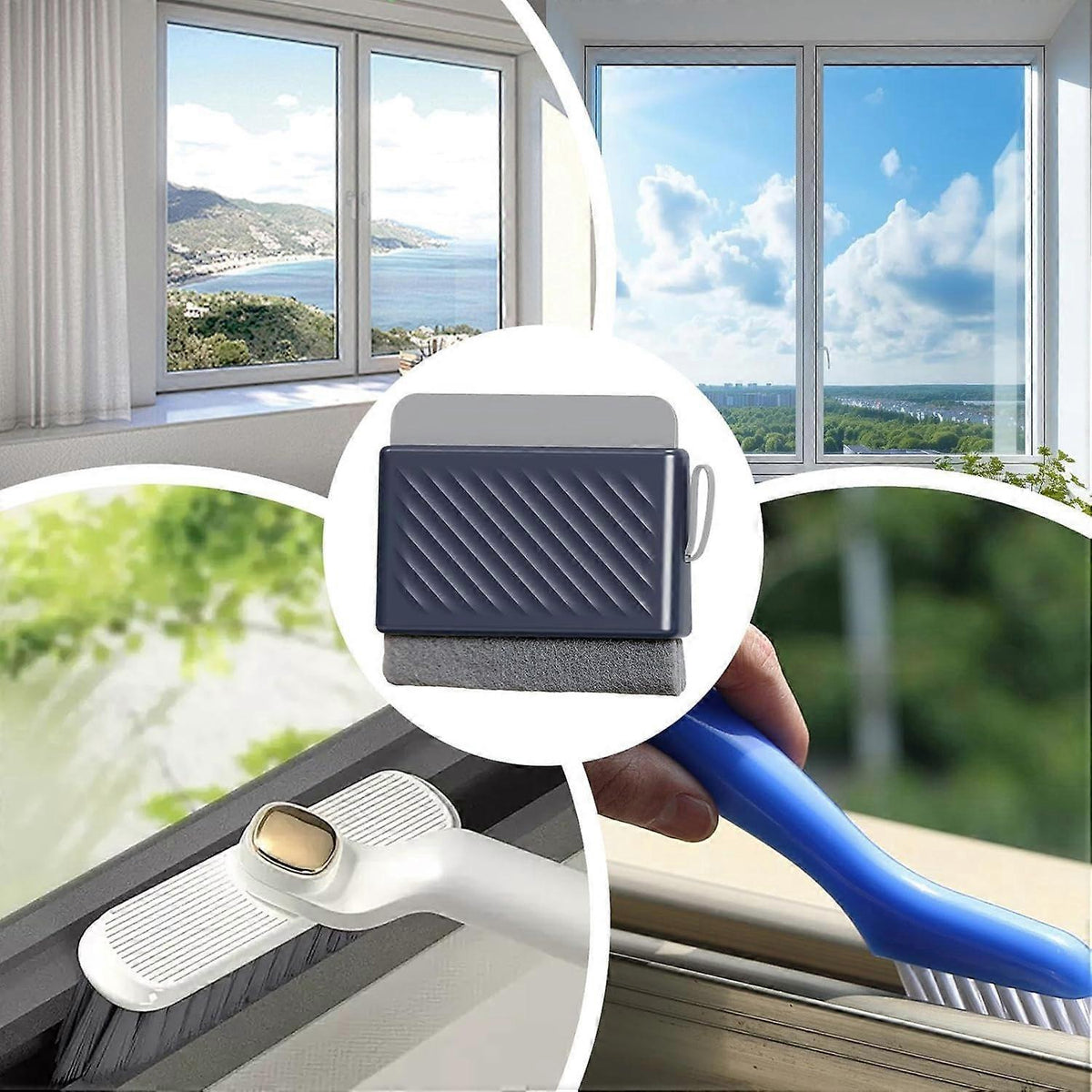 Multifunctional Window & Shower Squeegee with blue handle, textured dark brush head and flexible edge for cleaning glass